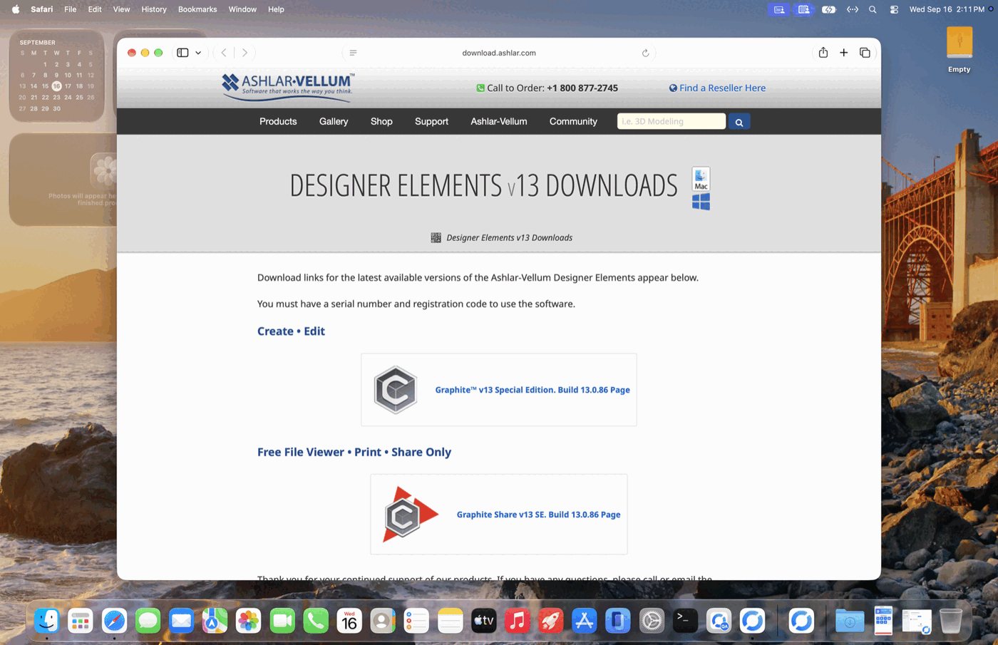 Safari open on the Ashlar-Vellum Designer Elements v13 downloads page on macOS 27 Golden Gate.