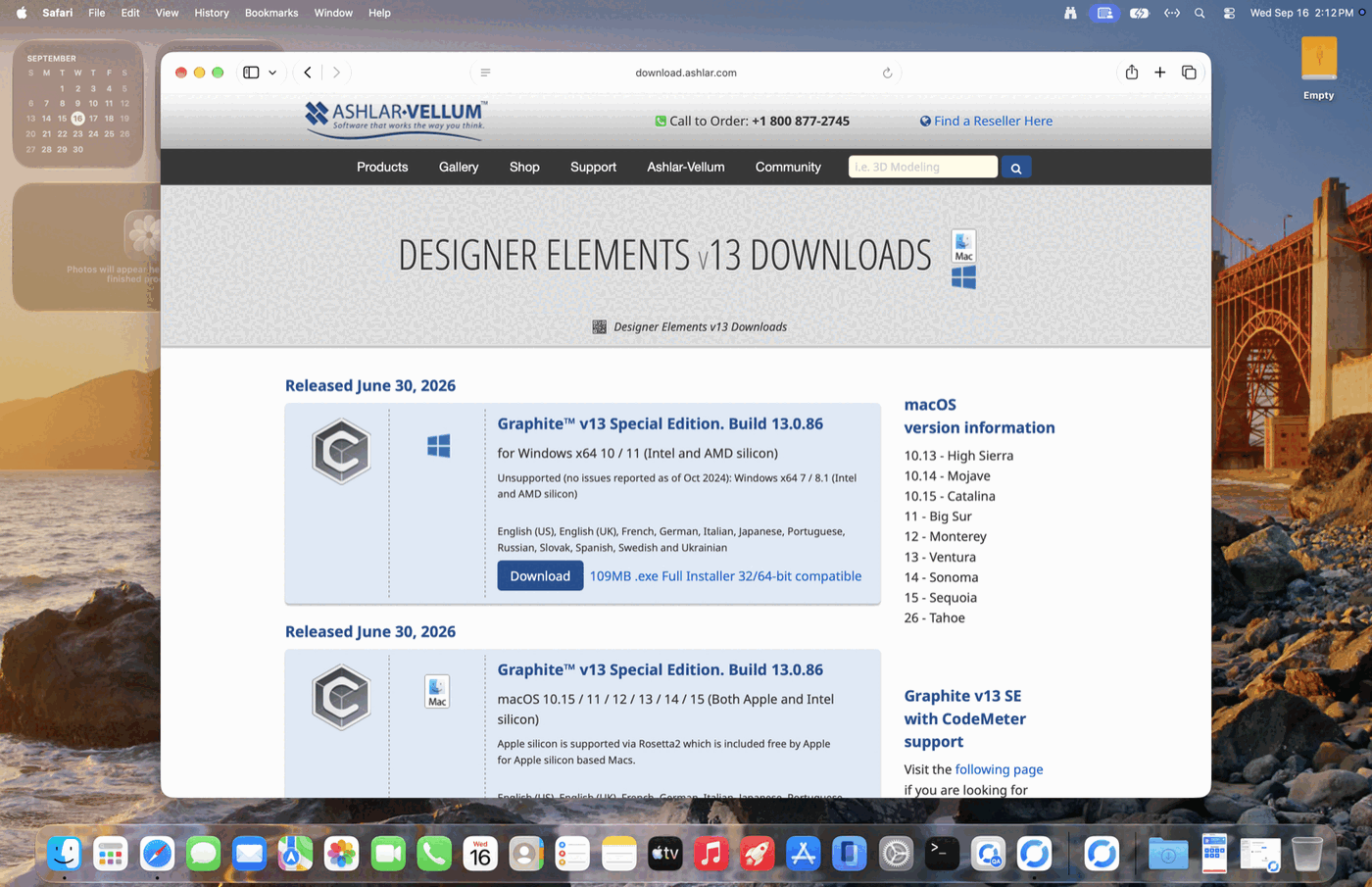 The Graphite v13 Special Edition build 13.0.86 download page, showing the Windows and macOS download blocks side by side with their installer sizes.