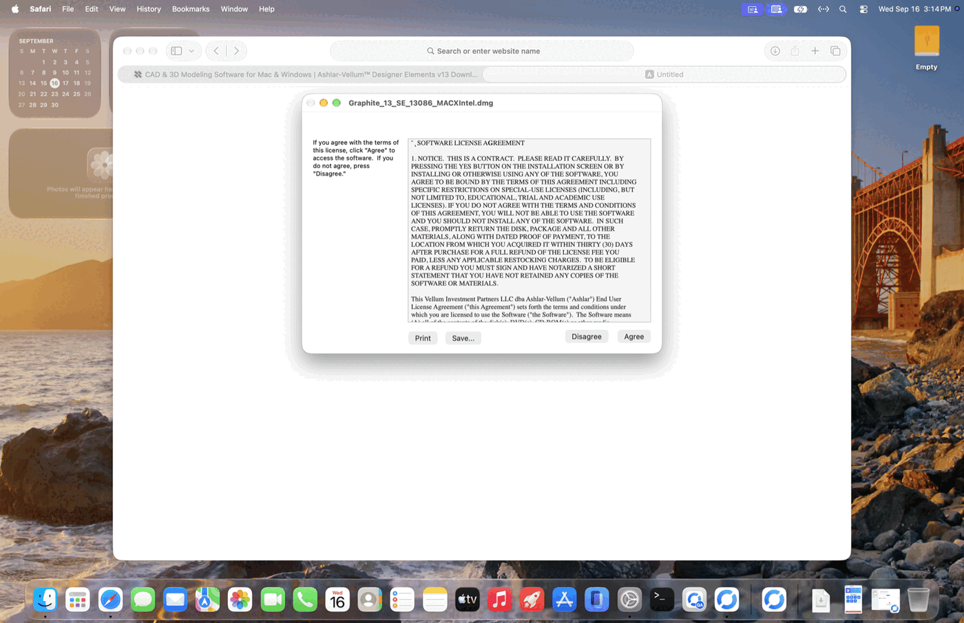 The Graphite SE Software License Agreement sheet on macOS, with Disagree and Agree buttons.