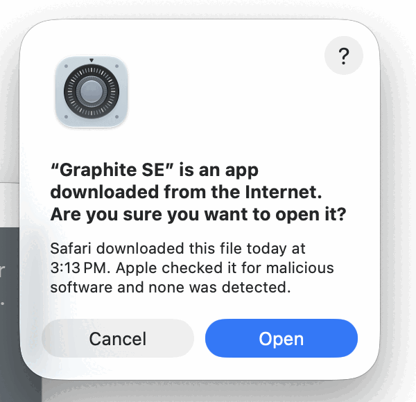 A close view of the same macOS dialog: “Graphite SE” is an app downloaded from the Internet. Are you sure you want to open it? Safari downloaded this file today at 3:13 PM. Apple checked it for malicious software and none was detected. The buttons are Cancel and Open.