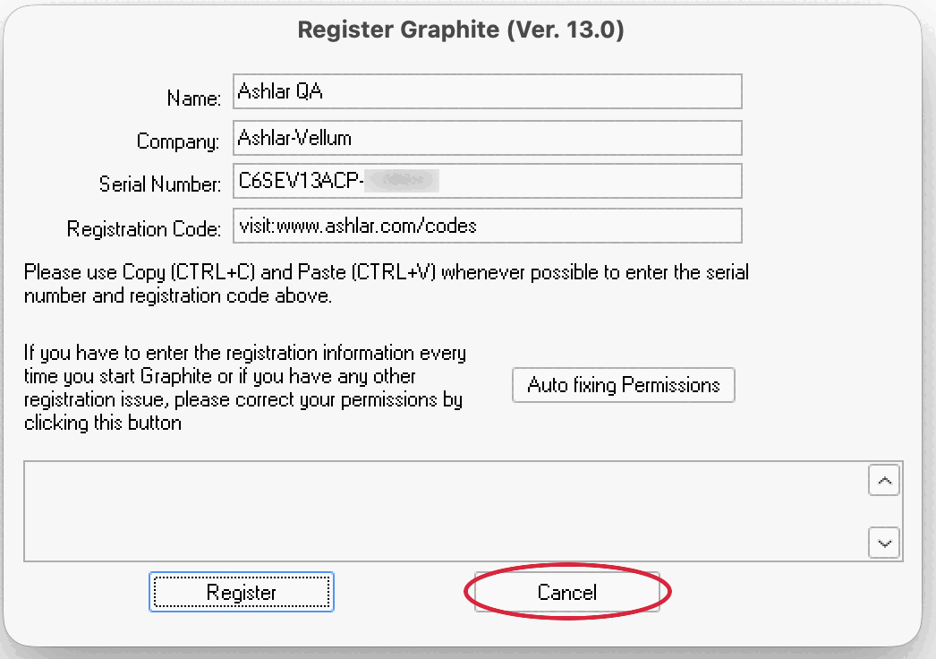 The Register Graphite window opened from the Help menu on a registered Mac: the serial number shown in capitals with its digits blurred, the Registration Code box reading visit:www.ashlar.com/codes, an empty message box, and Register and Cancel buttons, with a red ring drawn around Cancel.
