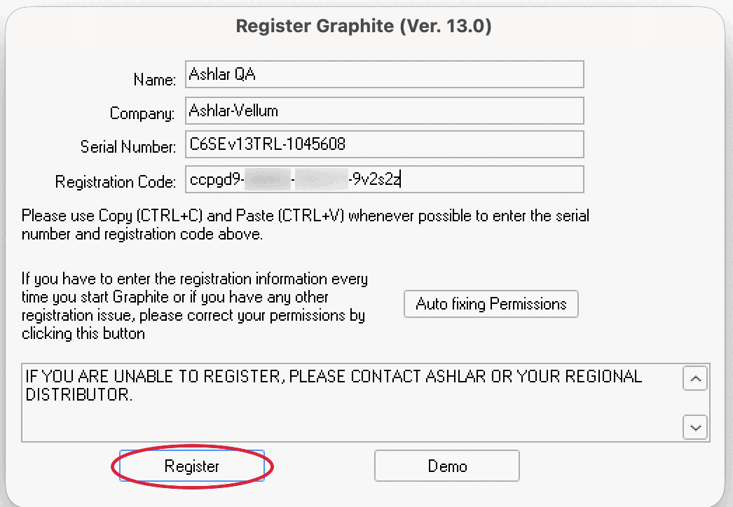 The Register Graphite window with all four boxes filled in: a name, a company, a serial number, and a registration code in four groups of six with the middle two groups blurred for publication. The buttons are Register and Demo, with a red ring drawn around Register.