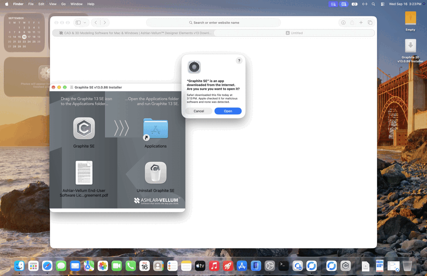 The macOS dialog confirming Graphite SE was downloaded from the internet and that Apple checked it for malicious software and none was detected, with an Open button.