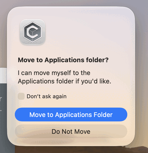 A dialog from Graphite SE reading: Move to Applications folder? I can move myself to the Applications folder if you'd like. It has a Don't ask again checkbox and two buttons, Move to Applications Folder and Do Not Move.