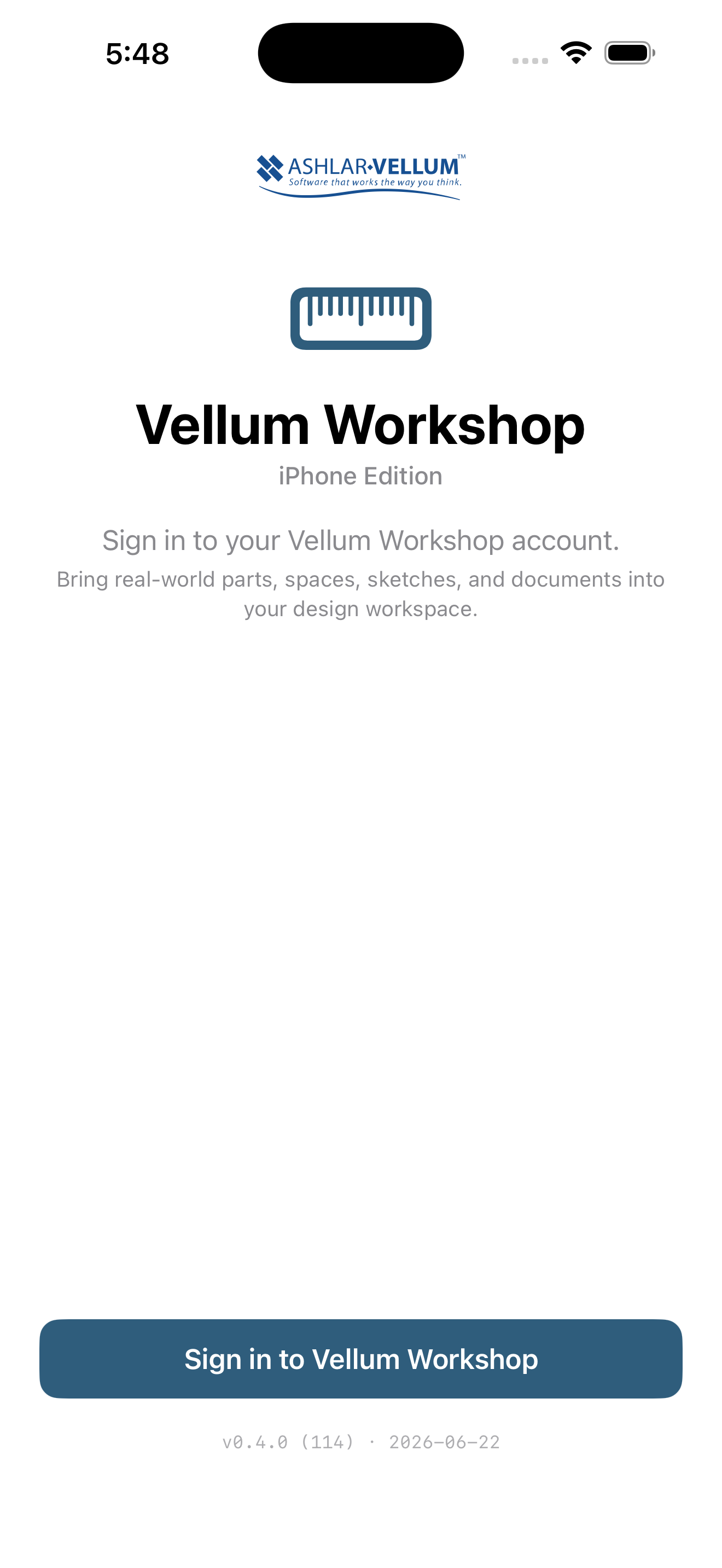 Vellum Workshop Branded sign-in on iPhone